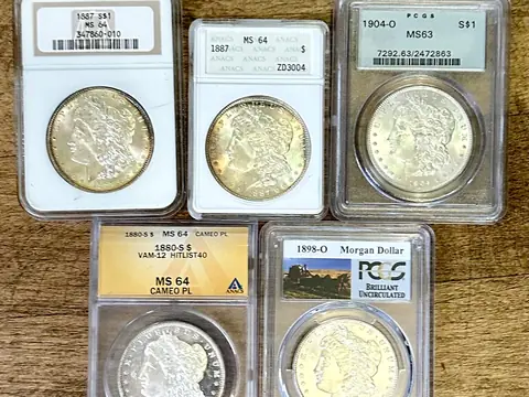 Five Morgan dollars in graded holders from three grading services on a wooden table