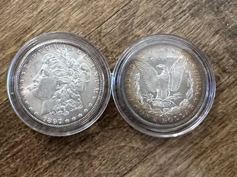 Two toned Morgan silver dollars in clear capsules on a wooden table, one showing Liberty and one the eagle